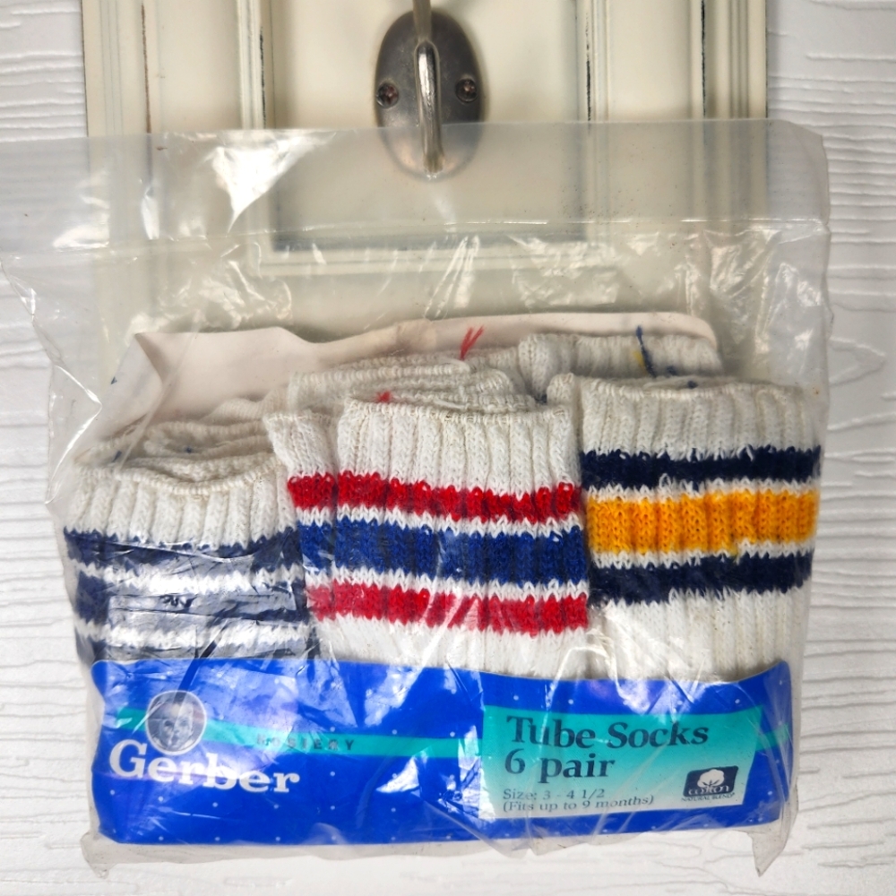 Vintage 6 Pack GERBER Sz 3-4.5 Striped White Tube 1992 Baby Socks 0-9 Month